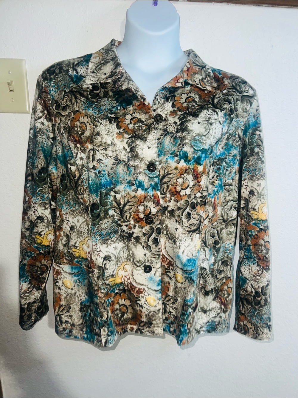 Chico's Multicolor Floral Print Button-Front Jacket - Teal, Brown, Cream